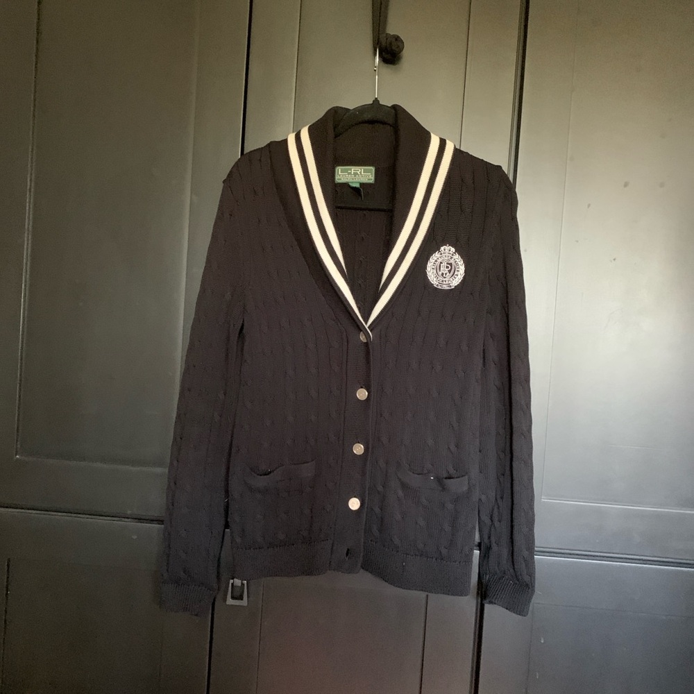 Black Cardigan with White Trim and Crest